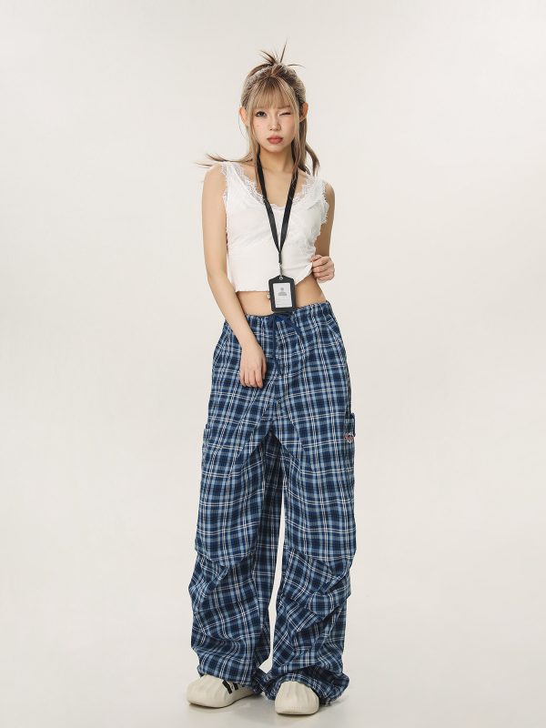 Vintage Plaid Workwear Casual Pants for Women - Loose Straight Wide-Leg BF Style, Perfect for 90s and Y2K Inspired Looks