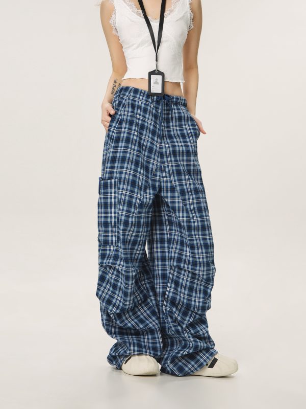Vintage Plaid Workwear Casual Pants for Women - Loose Straight Wide-Leg BF Style, Perfect for 90s and Y2K Inspired Looks