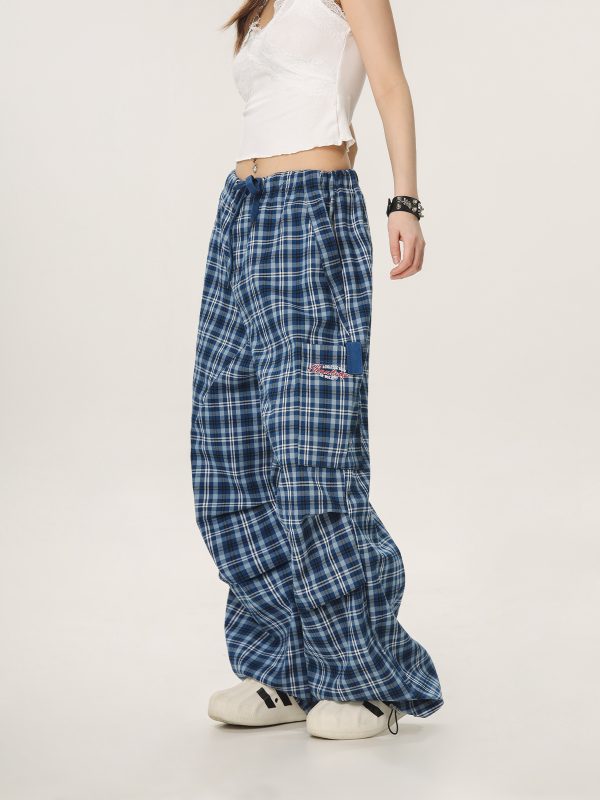 Vintage Plaid Workwear Casual Pants for Women - Loose Straight Wide-Leg BF Style, Perfect for 90s and Y2K Inspired Looks