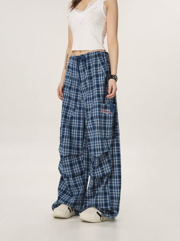 Vintage Plaid Workwear Casual Pants for Women - Loose Straight Wide-Leg BF Style, Perfect for 90s and Y2K Inspired Looks
