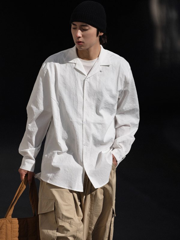 Vintage Pleated Cuban Collar Long Sleeve Shirt Jacket for Men and Women - Japanese Retro Loose Fit Spring Autumn Style