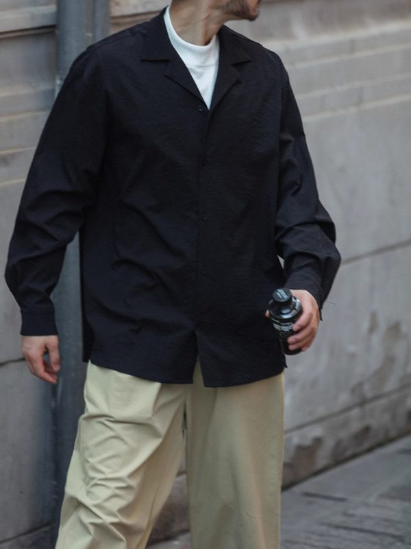 Vintage Pleated Cuban Collar Long Sleeve Shirt Jacket for Men and Women - Japanese Retro Loose Fit Spring Autumn Style