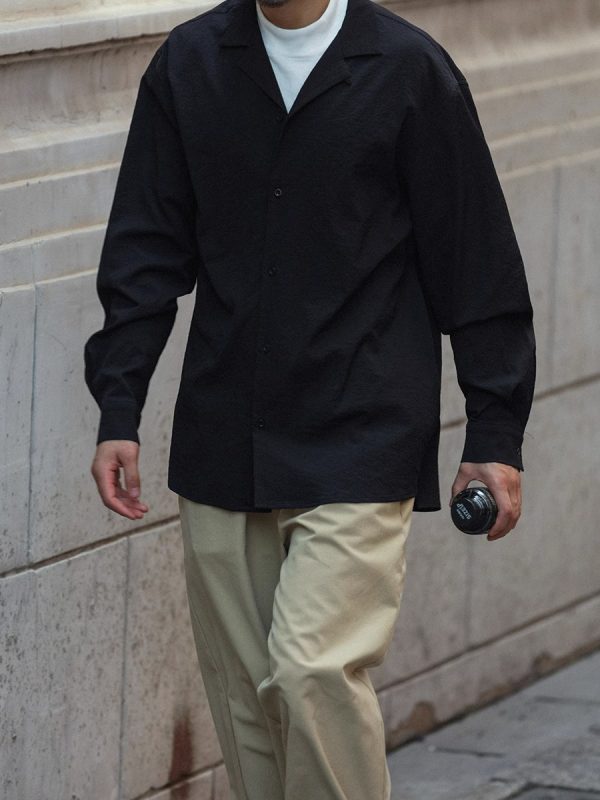 Vintage Pleated Cuban Collar Long Sleeve Shirt Jacket for Men and Women - Japanese Retro Loose Fit Spring Autumn Style