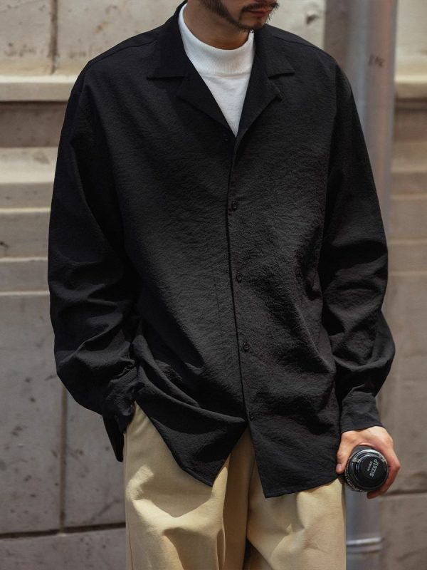 Vintage Pleated Cuban Collar Long Sleeve Shirt Jacket for Men and Women - Japanese Retro Loose Fit Spring Autumn Style