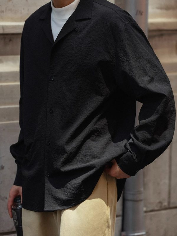 Vintage Pleated Cuban Collar Long Sleeve Shirt Jacket for Men and Women - Japanese Retro Loose Fit Spring Autumn Style