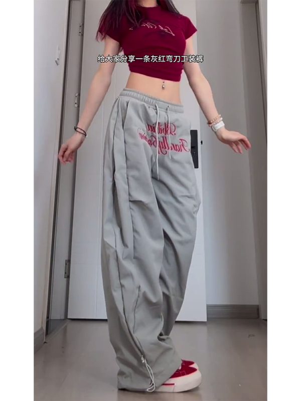Vintage Pleated Curved Knife Work Pants for Women, Loose Wide-Leg Hip-Hop Street Style Casual Trousers, Y2K Fashion