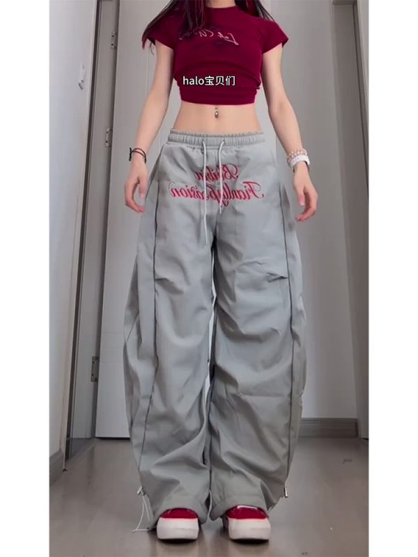 Vintage Pleated Curved Knife Work Pants for Women, Loose Wide-Leg Hip-Hop Street Style Casual Trousers, Y2K Fashion