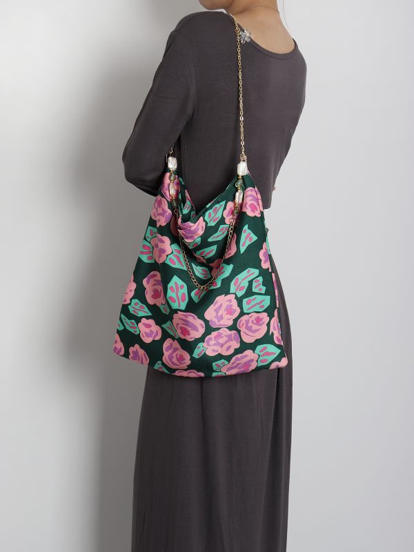 Vintage Polka Dot Rose Shoulder Bag for Women, High-Quality Faux Silk Tote, Chinese Style Niche Design