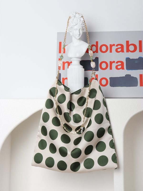 Vintage Polka Dot Rose Shoulder Bag for Women, High-Quality Faux Silk Tote, Chinese Style Niche Design
