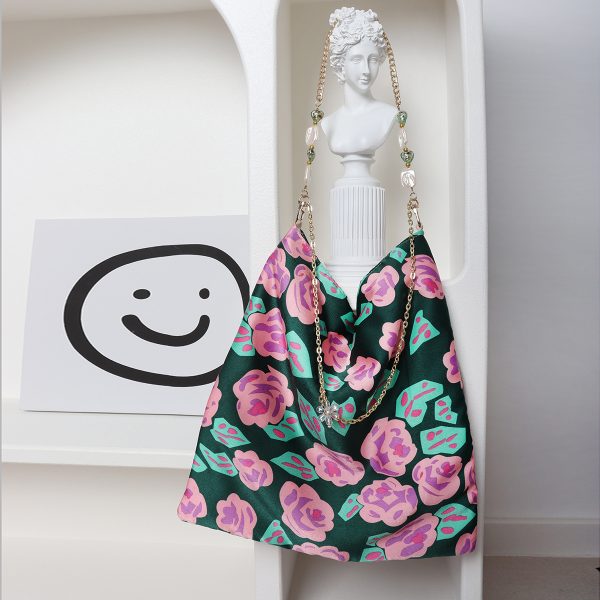Vintage Polka Dot Rose Shoulder Bag for Women, High-Quality Faux Silk Tote, Chinese Style Niche Design