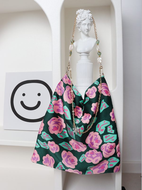 Vintage Polka Dot Rose Shoulder Bag for Women, High-Quality Faux Silk Tote, Chinese Style Niche Design