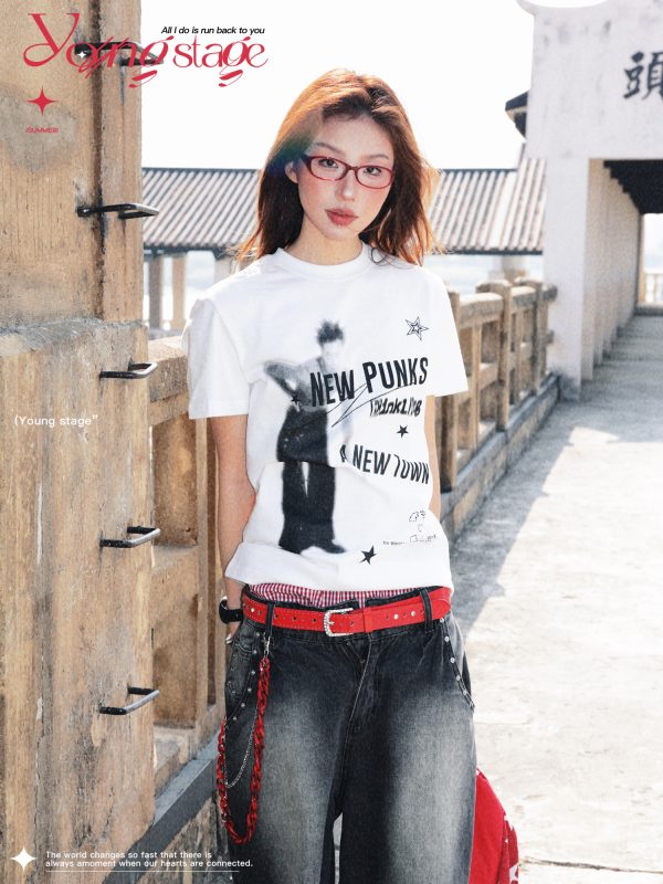 Vintage Punk Shoulder Short Sleeve T-Shirt for Women - Slim Fit American Style Summer Top, 90s Inspired Fashion