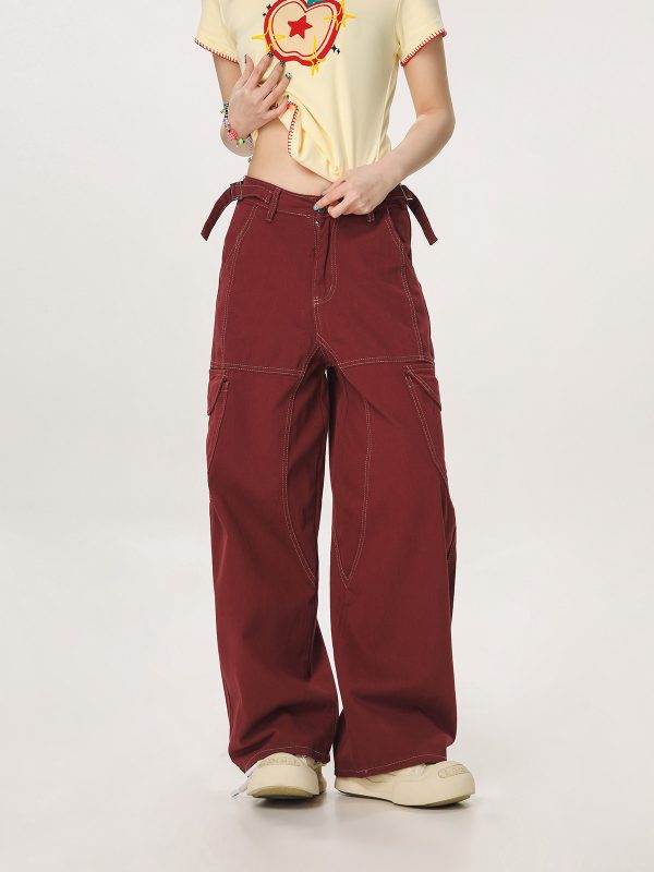 Vintage Red Casual Work Pants for Men and Women - Unisex Loose Straight Leg Design with Slightly Flared Style