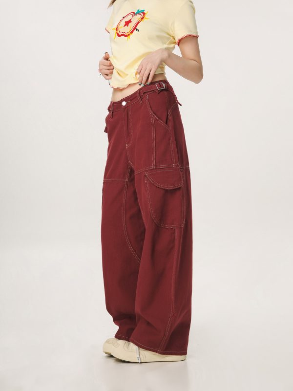 Vintage Red Casual Work Pants for Men and Women - Unisex Loose Straight Leg Design with Slightly Flared Style