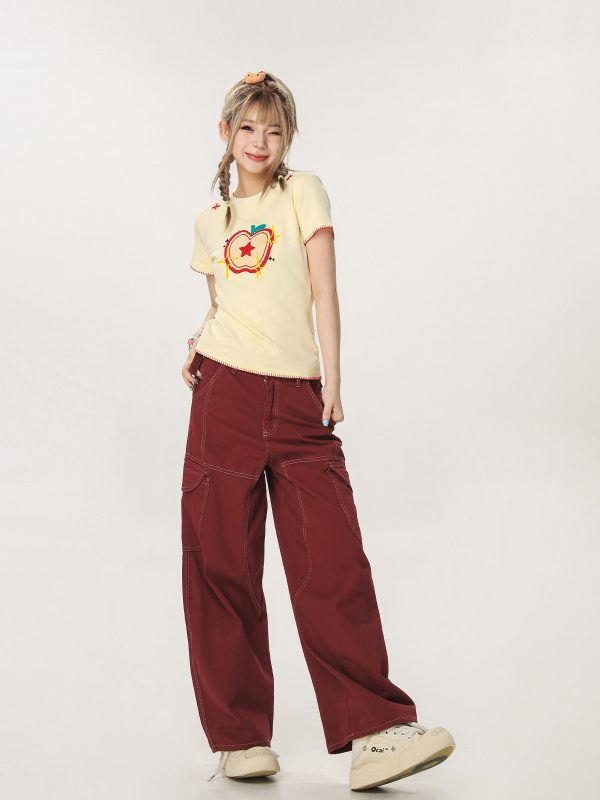 Vintage Red Casual Work Pants for Men and Women - Unisex Loose Straight Leg Design with Slightly Flared Style