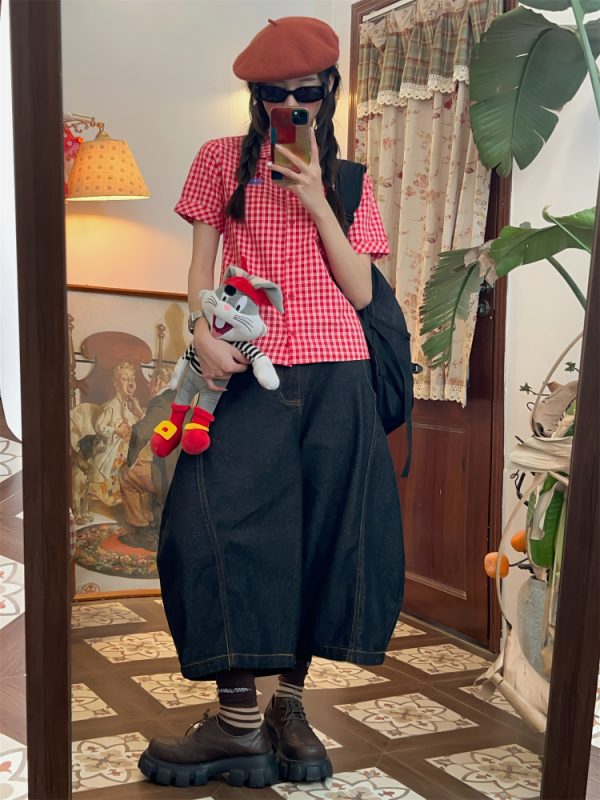 Vintage Red Plaid Short Sleeve Shirt for Summer - Slim Fit Casual Versatile Top, Perfect for 90s and Y2K Inspired Outfits
