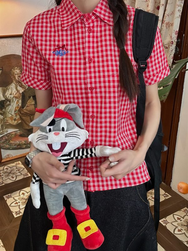 Vintage Red Plaid Short Sleeve Shirt for Summer - Slim Fit Casual Versatile Top, Perfect for 90s and Y2K Inspired Outfits