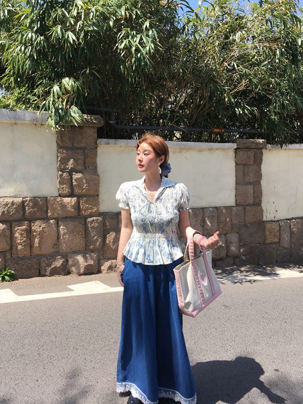 Vintage Retro Butterfly Floral Short Sleeve Shirt for Women - Summer Loose Fit Waist-Drawstring Collared Top, Y2K Style