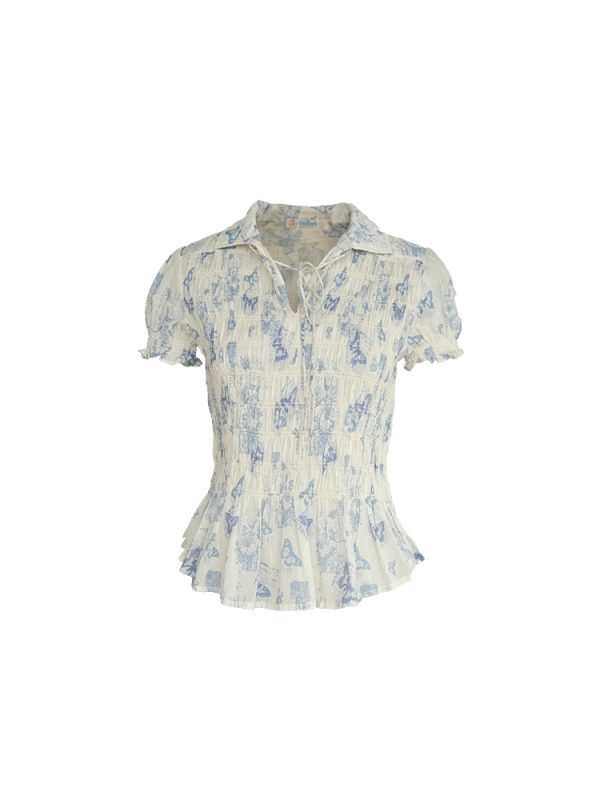 Vintage Retro Butterfly Floral Short Sleeve Shirt for Women - Summer Loose Fit Waist-Drawstring Collared Top, Y2K Style