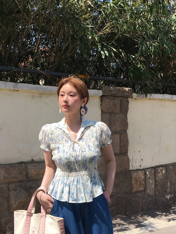 Vintage Retro Butterfly Floral Short Sleeve Shirt for Women - Summer Loose Fit Waist-Drawstring Collared Top, Y2K Style
