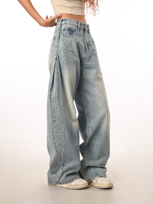 Vintage Retro Distressed Denim Pants for Men and Women - Loose Straight Leg Floor-Length Wide-Leg Style, Casual 90s Fashion