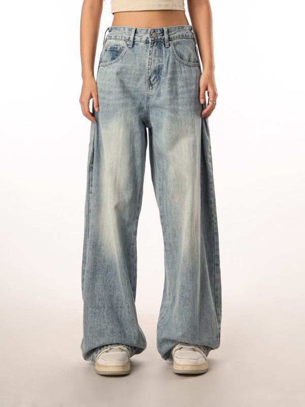 Vintage Retro Distressed Denim Pants for Men and Women - Loose Straight Leg Floor-Length Wide-Leg Style, Casual 90s Fashion