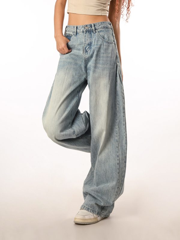 Vintage Retro Distressed Denim Pants for Men and Women - Loose Straight Leg Floor-Length Wide-Leg Style, Casual 90s Fashion