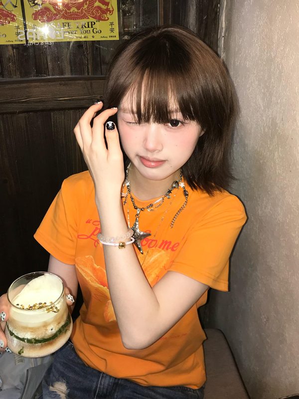 Vintage Retro Lily Print Dopamine Orange T-Shirt for Women - Summer Casual Top, Round Neck, Short Sleeves, Y2K Style