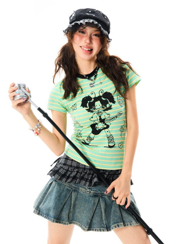 Vintage Rock Girl Short Sleeve T-Shirt for Women - Slim Fit Summer Top, Versatile Casual Style, 90s Inspired Fashion