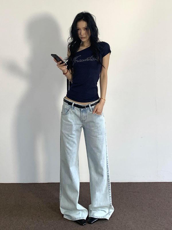 Vintage Slim-Fit Cropped T-Shirt - American Off-Shoulder Short Sleeve Summer Top for Spicy Girls, Trendy Design