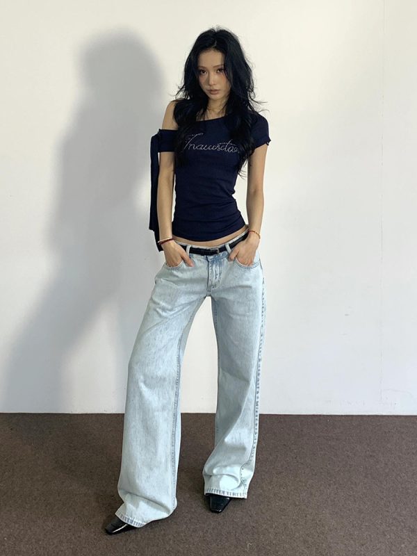 Vintage Slim-Fit Cropped T-Shirt - American Off-Shoulder Short Sleeve Summer Top for Spicy Girls, Trendy Design