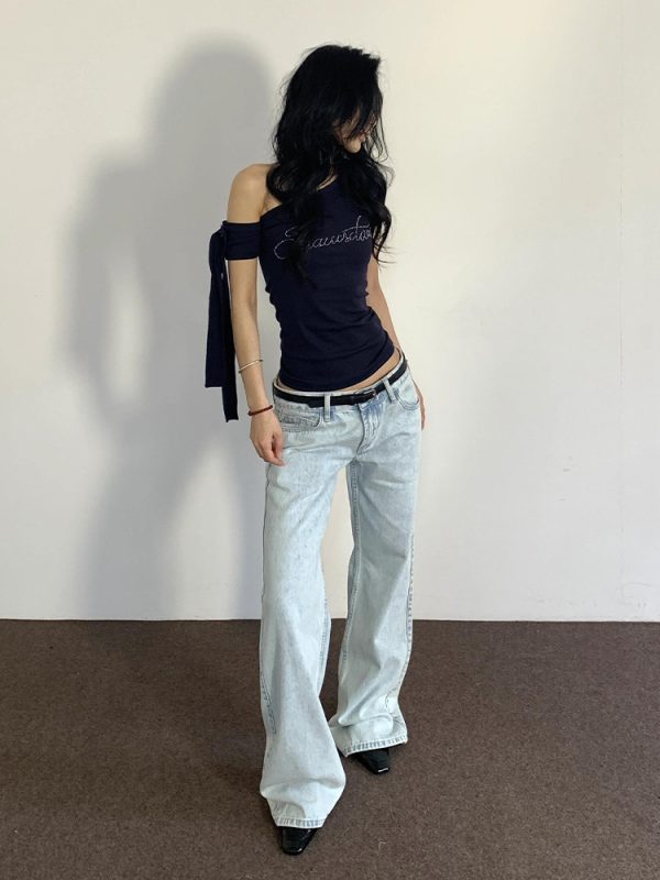Vintage Slim-Fit Cropped T-Shirt - American Off-Shoulder Short Sleeve Summer Top for Spicy Girls, Trendy Design