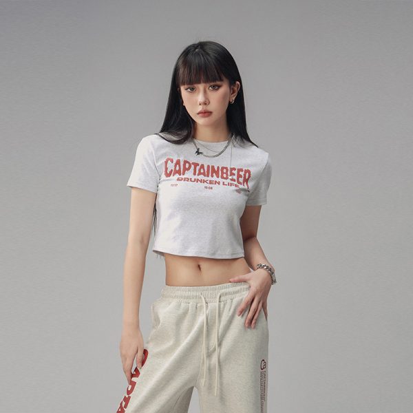 Vintage Slim Fit Cropped T-Shirt for Women - American Beer Team Captain Design, Summer Dance Style, Trendy Short Sleeve Top