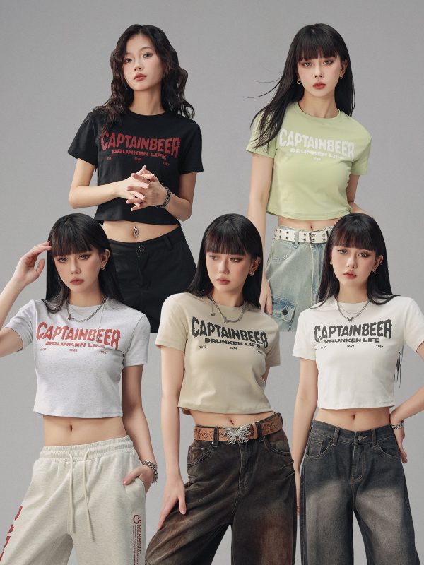 Vintage Slim Fit Cropped T-Shirt for Women - American Beer Team Captain Design, Summer Dance Style, Trendy Short Sleeve Top