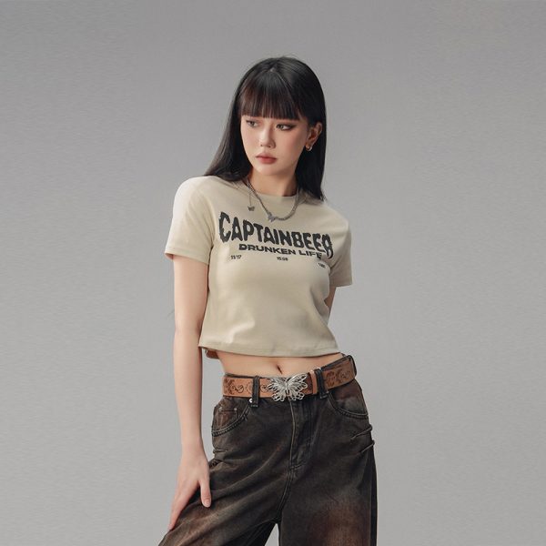 Vintage Slim Fit Cropped T-Shirt for Women - American Beer Team Captain Design, Summer Dance Style, Trendy Short Sleeve Top