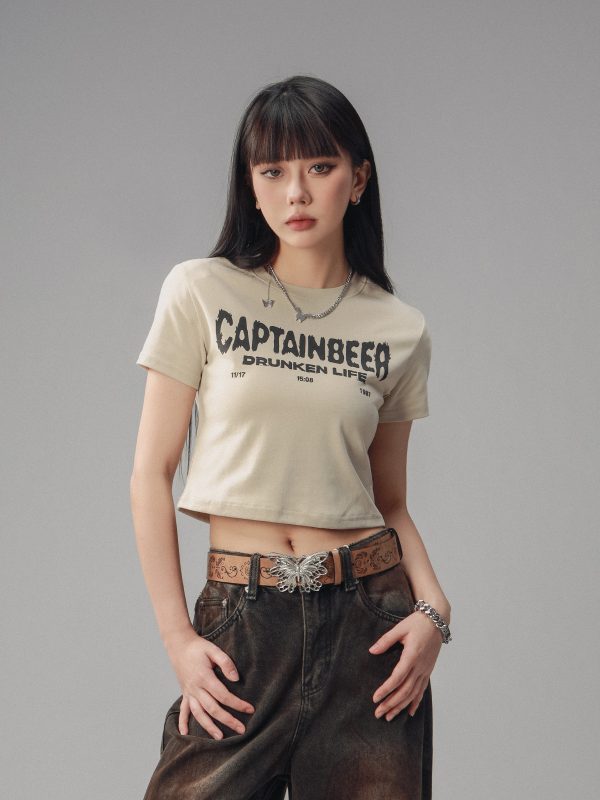 Vintage Slim Fit Cropped T-Shirt for Women - American Beer Team Captain Design, Summer Dance Style, Trendy Short Sleeve Top