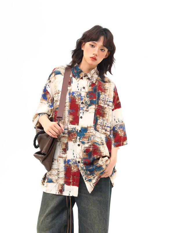 Vintage Splatter Design Short Sleeve Shirt for Women | Retro American Style, Trendy 90s Aesthetic Fashion Top