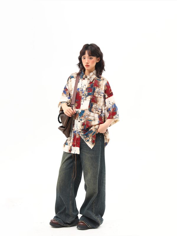 Vintage Splatter Design Short Sleeve Shirt for Women | Retro American Style, Trendy 90s Aesthetic Fashion Top