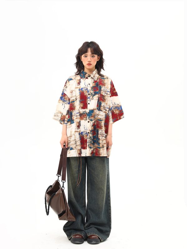 Vintage Splatter Design Short Sleeve Shirt for Women | Retro American Style, Trendy 90s Aesthetic Fashion Top