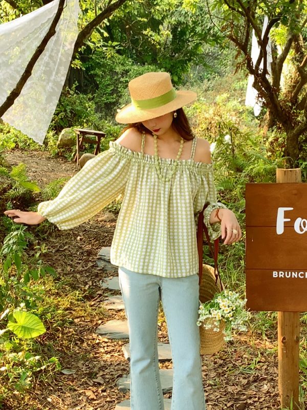 Vintage Spring Garden Off-Shoulder Checkered Long Sleeve Shirt for Women - Lantern Sleeve One-Shoulder Blouse for Spring Summer