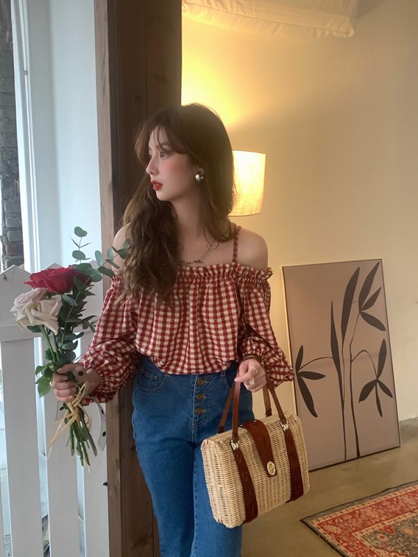 Vintage Spring Garden Off-Shoulder Checkered Long Sleeve Shirt for Women - Lantern Sleeve One-Shoulder Blouse for Spring Summer