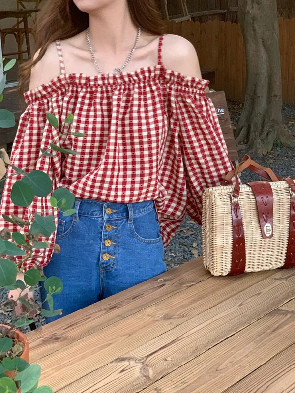 Vintage Spring Garden Off-Shoulder Checkered Long Sleeve Shirt for Women - Lantern Sleeve One-Shoulder Blouse for Spring Summer