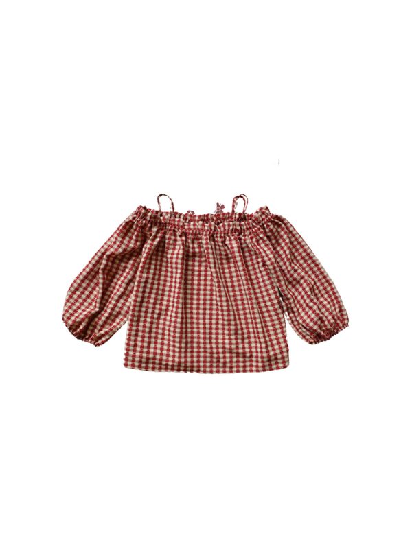 Vintage Spring Garden Off-Shoulder Checkered Long Sleeve Shirt for Women - Lantern Sleeve One-Shoulder Blouse for Spring Summer