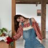 Vintage Spring Garden Off-Shoulder Checkered Long Sleeve Shirt for Women - Lantern Sleeve One-Shoulder Blouse for Spring Summer