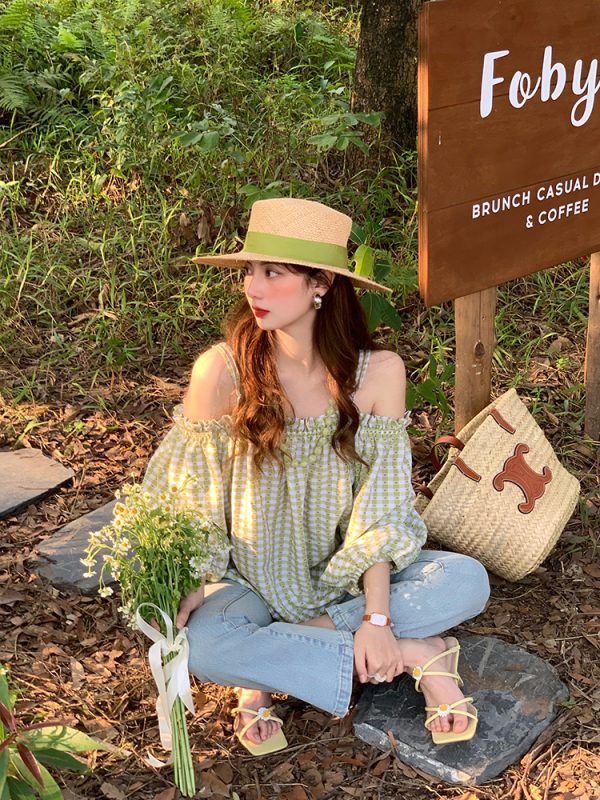 Vintage Spring Garden Off-Shoulder Checkered Long Sleeve Shirt for Women - Lantern Sleeve One-Shoulder Blouse for Spring Summer