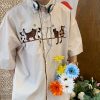 Vintage Striped Cat Embroidery Shirt - Trendy Summer Retro Top for Couples, Short Sleeve, Hong Kong Style, Casual 90s Fashion