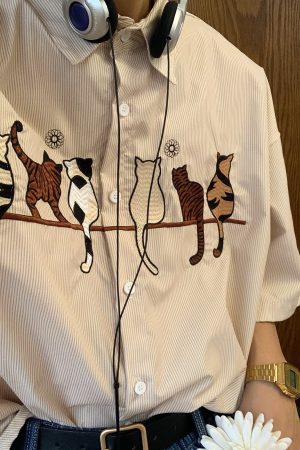 Vintage Striped Cat Embroidery Shirt - Trendy Summer Retro Top for Couples, Short Sleeve, Hong Kong Style, Casual 90s Fashion