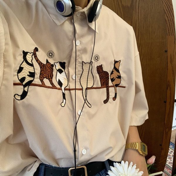 Vintage Striped Cat Embroidery Shirt - Trendy Summer Retro Top for Couples, Short Sleeve, Hong Kong Style, Casual 90s Fashion