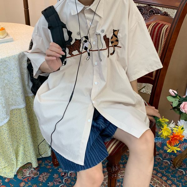 Vintage Striped Cat Embroidery Shirt - Trendy Summer Retro Top for Couples, Short Sleeve, Hong Kong Style, Casual 90s Fashion