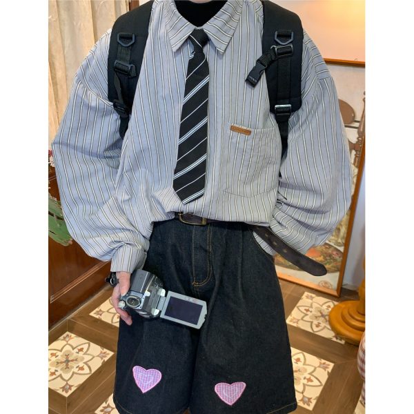 Vintage Striped Long Sleeve Shirt for Men and Women - Versatile Loose Fit Tie Top for Spring and Autumn, Y2K American Style